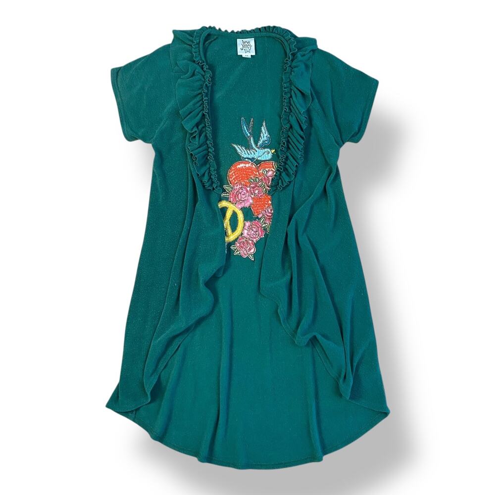Ivy Jane Vintage Y2K Green‎ Sparrow Heart Embroidered Open Sweater Duster Size M